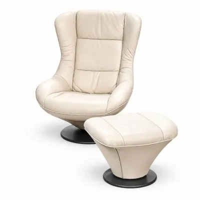 Sale Photo Thumbnail #124: Contemporary cream-colored leather swivel lounge chair and matching ottoman set on circular pedestal bases.