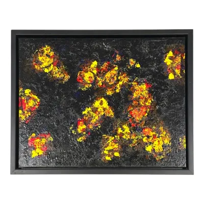 Sale Photo Thumbnail #76: Framed abstract expressionist acrylic painting featuring textured impasto in vibrant yellow, red, and orange over a dark black background.