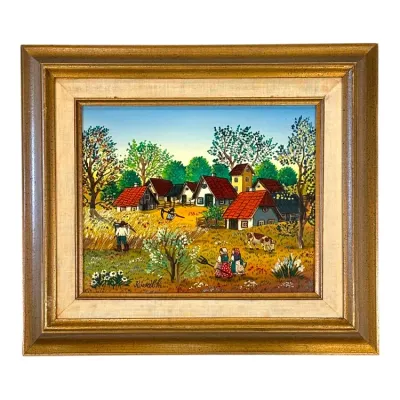 Sale Photo Thumbnail #53: Framed Eastern European folk art oil painting depicting a rural village scene with figures working in fields, signed 'Kowalski' at the bottom left.