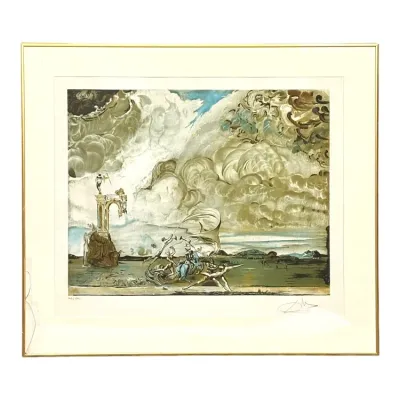 Sale Photo Thumbnail #64: Framed Salvador Dalí surrealist art print, pencil-signed and numbered in a thin gold metal frame.