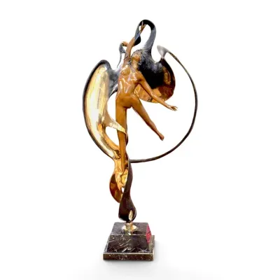 Sale Photo Thumbnail #203: Art Deco style bronze sculpture of a leaping female dancer with flowing ribbons, mounted on a square dark marble base.