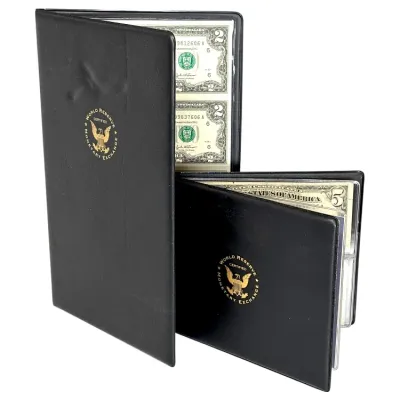 Sale Photo Thumbnail #164: Two black leatherette World Reserve Monetary Exchange currency portfolios, displaying uncirculated US $2 and $5 bill collections inside protective sleeves.