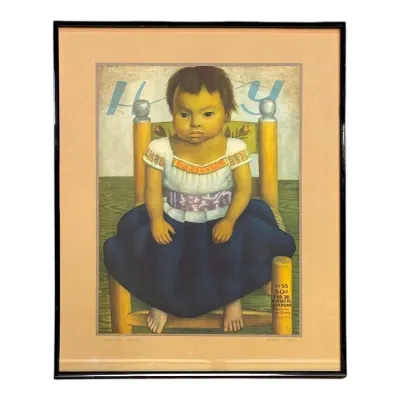 Sale Photo Thumbnail #47: Framed vintage art print featuring Diego Rivera's portrait of a young girl seated in a yellow chair, originally created for Hoy magazine in 1940. Presented in a black frame with wide tan matting.