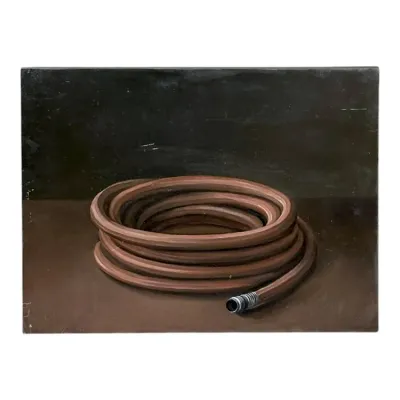 Sale Photo Thumbnail #111: Still life oil painting depicting a coiled brown garden hose against a dark background, presented unframed.