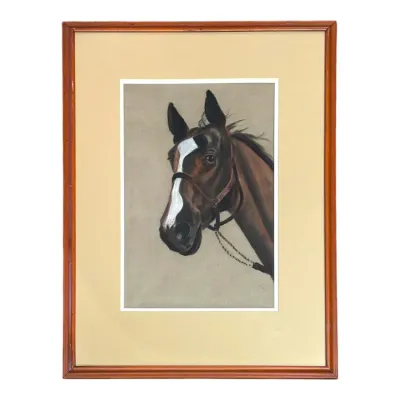 Sale Photo Thumbnail #92: Framed pastel portrait of a brown horse with a white blaze, housed under glass in a matted wood frame.