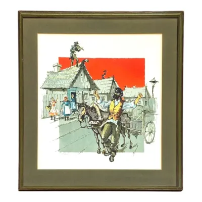 Sale Photo Thumbnail #40: Framed Fiddler on the Roof art print, housed under a green mat in a slim wooden frame.