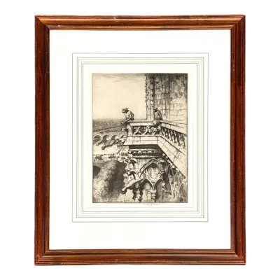 Sale Photo Thumbnail #77: Framed architectural etching depicting the gargoyles of Notre-Dame de Paris, pencil-signed along the lower margin, set in a double mat with a molded wooden frame.