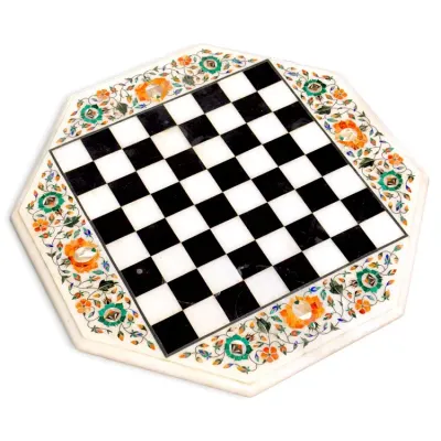 Sale Photo Thumbnail #201: Octagonal marble chessboard featuring intricate pietra dura floral inlay along the outer border.