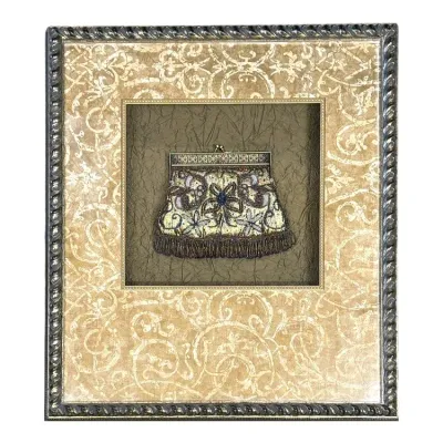 Sale Photo Thumbnail #79: Framed shadowbox display featuring a vintage beaded purse with fringe detailing set against a textured, patterned mat and dark silver metallic frame.