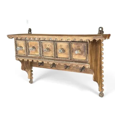 Sale Photo Thumbnail #119: Vintage wall-mounted wooden shelf featuring five small drawers with glass knobs, scallop trim, and lower hanging hooks.