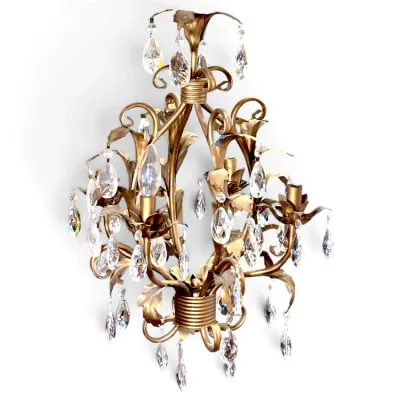 Sale Photo Thumbnail #191: Vintage Italian Florentine gilded metal wall sconce featuring leaf accents and teardrop crystal prisms.