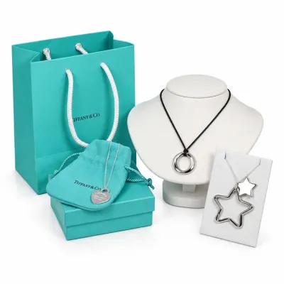 Sale Photo Thumbnail #7: Collection of sterling silver necklaces including a Tiffany & Co. heart tag pendant with original box, pouch, and shopping bag, alongside a circle pendant on a cord and a dual star necklace.