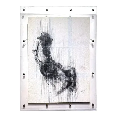 Sale Photo Thumbnail #104: Framed contemporary abstract figure sketch signed by Wessel, presented in a clear acrylic floating frame with bolt fasteners.