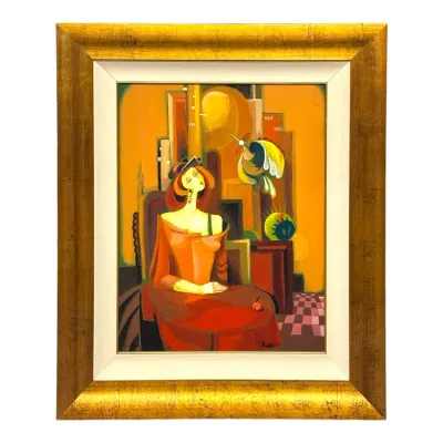 Sale Photo Thumbnail #86: Framed cubist-style oil painting featuring a seated stylized female figure with vibrant warm tones, signed by the artist. Housed in a substantial gilt wood frame with a white liner.