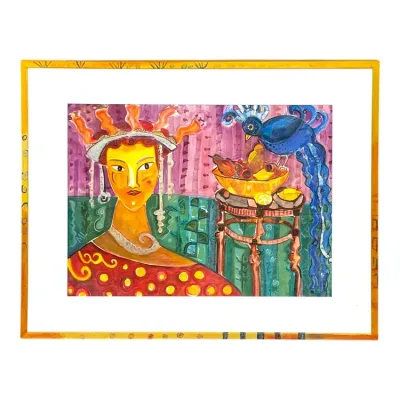 Sale Photo Thumbnail #106: Framed contemporary painting featuring a stylized portrait with a vibrant blue bird and a fruit bowl. Signed 'ML' in the lower-left corner and presented in a decorative yellow-orange painted frame.