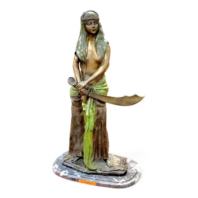 Sale Photo Thumbnail #205: Art Deco style bronze sculpture depicting Judith holding a curved scimitar sword, mounted on a tiered marble base with soft green patina details.