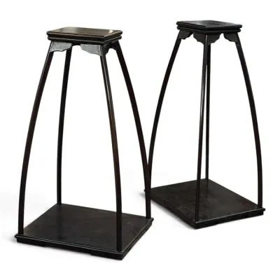 Sale Photo Thumbnail #144: Pair of Chinese-style tall dark wood pedestal plant stands featuring splayed legs and a square top and base.