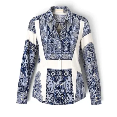Sale Photo Thumbnail #26: Women's long-sleeve button-up shirt featuring an intricate blue and white paisley and tile pattern motif.