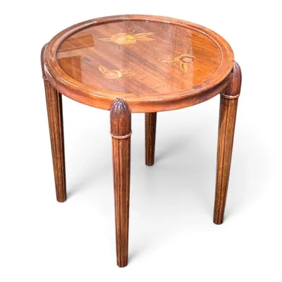 Sale Photo Thumbnail #126: Vintage Italian style marquetry inlaid round side table featuring floral wood inlay details and fluted legs.