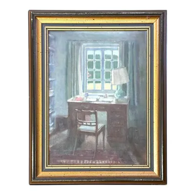 Sale Photo Thumbnail #44: Framed impressionistic oil painting on canvas depicting a sunlit study scene with a desk, chair, and window, set in an ornate dark wood frame with gold trim.