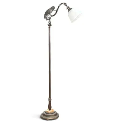 Sale Photo Thumbnail #182: Antique wrought bronze bridge floor lamp featuring a sculpted parrot motif on the arm and a white frosted glass shade, set on an onyx-insert base.