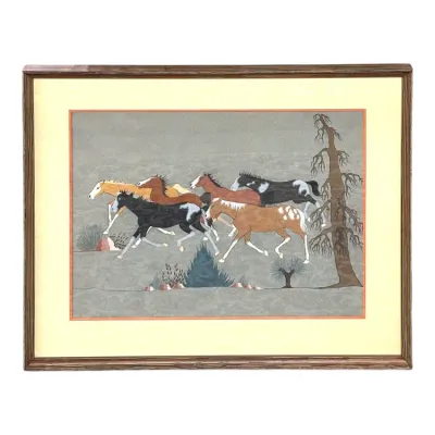 Sale Photo Thumbnail #87: Framed Native American style print featuring wild horses running through a desert landscape, housed in a grooved wood frame.