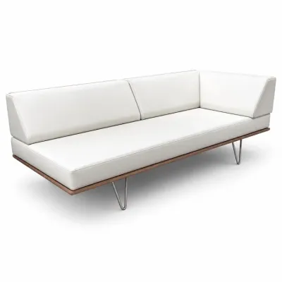 Sale Photo Thumbnail #154: Mid-century modern style daybed sofa upholstered in off-white leather with a wooden frame and metal hairpin legs.