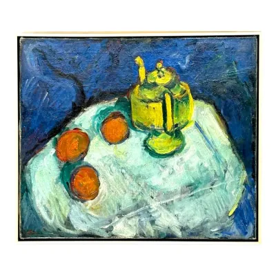 Sale Photo Thumbnail #89: Framed expressionist style still life oil painting depicting a yellow teapot and oranges on a table, set against a rich blue background.