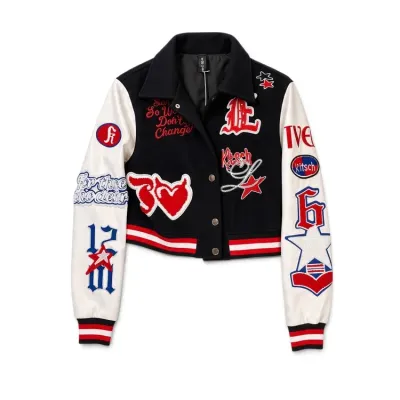 Sale Photo Thumbnail #19: Cropped varsity-style jacket featuring a black body, white sleeves, and various red, blue, and white embroidered patches and graphics.