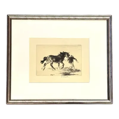 Sale Photo Thumbnail #101: Framed black and white etching featuring a man leading a horse, pencil signed in the lower margin and presented with a wide off-white mat in a metallic frame.