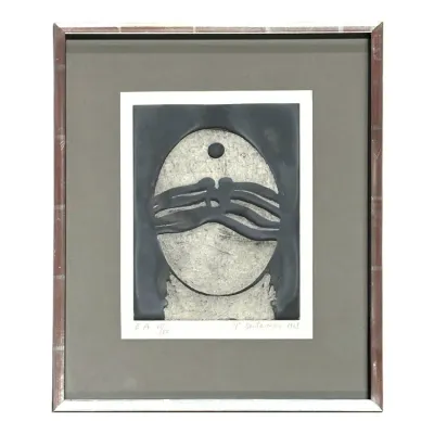 Sale Photo Thumbnail #103: Framed mid-century abstract relief print signed Pierre Dmitrienko, dated 1968, numbered IV/VII.