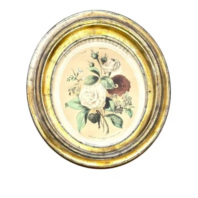 Sale Photo Thumbnail #55: Framed antique oval botanical print depicting roses and other flowers, set in an ornate gilded wood frame with distressed patina.