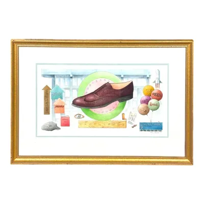 Sale Photo Thumbnail #107: Framed surrealist watercolor print depicting a wingtip dress shoe surrounded by various footwear brand logos, presented in a matted gold-tone frame.