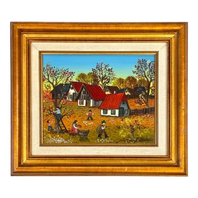 Sale Photo Thumbnail #52: Framed Eastern European folk art oil painting depicting villagers gathering apples in a rural countryside setting, housed in a molded gilt frame with a fabric liner.