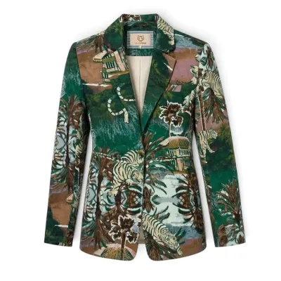 Sale Photo Thumbnail #22: La Kasbah tailored women's blazer featuring a bold jungle print with tigers and palm trees.