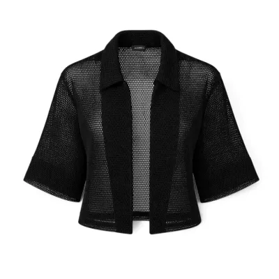 Sale Photo Thumbnail #18: Black mesh open-front cardigan featuring short sleeves and a structured collar.