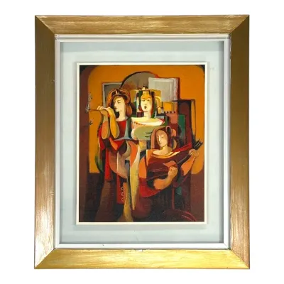 Sale Photo Thumbnail #69: Framed Cubist-style oil painting on canvas depicting three figures playing musical instruments and singing, presented in a wide gilt frame.