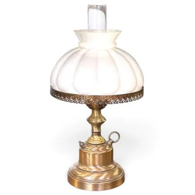 Sale Photo Thumbnail #186: Vintage Rayo-style brass table lamp with a white ribbed glass shade and clear glass chimney.