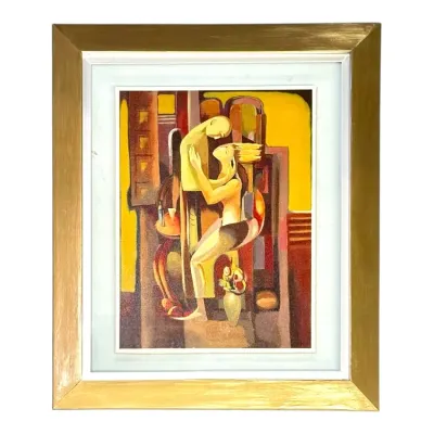 Sale Photo Thumbnail #68: Framed cubist-style painting depicting figures in a modern interior, housed in a wide metallic gold frame with a white liner.