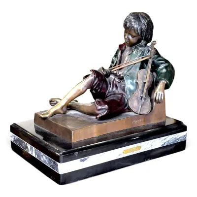 Sale Photo Thumbnail #197: Bronze sculpture after Jean-Baptiste Charlet depicting a reclining young violinist, set on a tiered marble base.