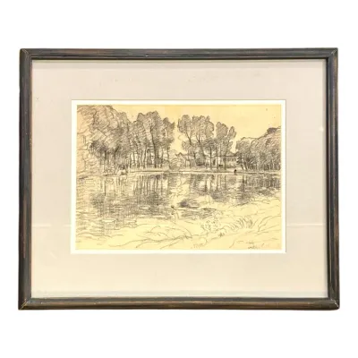 Sale Photo Thumbnail #54: Framed pencil sketch depicting a tranquil pond with surrounding trees and reflections, signed in the lower right. Presented in an off-white mat and a dark wood frame with light edge wear.