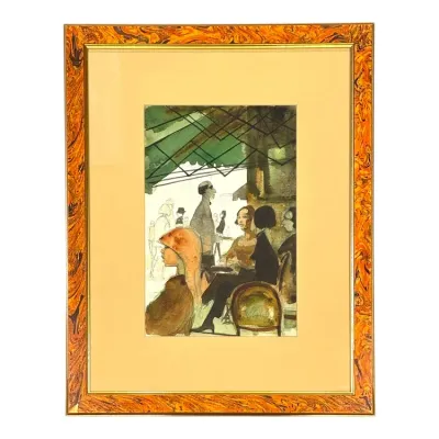 Sale Photo Thumbnail #62: Framed watercolor painting depicting an outdoor cafe scene, housed in a marbelized orange frame with beige matting.