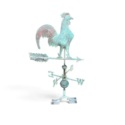 Sale Photo Thumbnail #241: Vintage metal rooster weather vane with a heavily patinated green copper or verdigris finish.