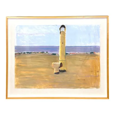 Sale Photo Thumbnail #108: Framed original pastel painting featuring a coastal landscape scene with architectural elements, signed lower right and set in a metallic gold frame.