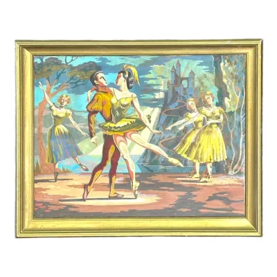 Sale Photo Thumbnail #85: Vintage mid-century paint-by-number artwork depicting ballet dancers in front of a fairytale castle, presented in a simple gold frame.