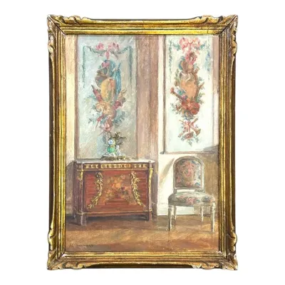 Sale Photo Thumbnail #42: Framed impressionist interior oil painting signed J.C. Rosenberg, depicting an elegant room with French-style furniture and decorative wall panels, housed in a giltwood frame.