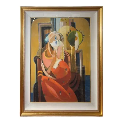 Sale Photo Thumbnail #30: Framed cubist-style artwork depicting stylized figures in warm, vivid tones, set within an ornate gilded frame with a cream-colored liner.