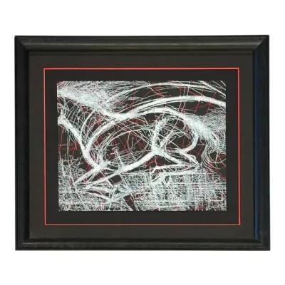 Sale Photo Thumbnail #51: Framed abstract print depicting a stylized running horse in white and red line work on a dark background, presented with a black mat, red inner trim, and a textured dark frame.