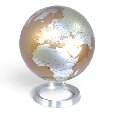 Sale Photo Thumbnail #218: Modern decorative desktop globe featuring metallic copper oceans and silver continents, mounted on a brushed metal ring base.
