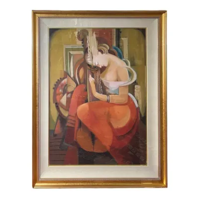 Sale Photo Thumbnail #31: Framed cubist-style painting depicting a stylized female figure with a cello or string instrument, presented in a gilded wood frame with a wide mat.